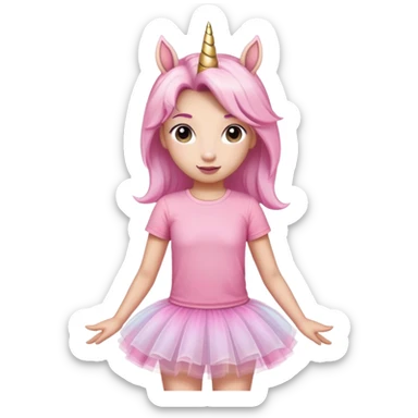 head and shoulders portrait of an anthropomorphised female unicorn in tutu and pink t-shirt, standard pose sticker