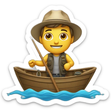 Man on a boat with a fishing rod and a large hook sticker
