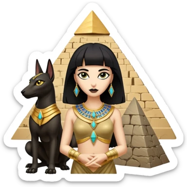 Kindly alien Elisabeth Taylor cleopatra Protecting spell silky black-haired tiny statuette scale feral Anubis and pyramid scenery stone-age cracked irregular dwelling  sticker