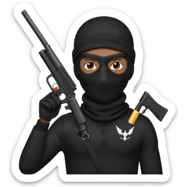 A young African male wearing a ski mask in full black clothing, holding a micro Draco gun in the air carelessly sticker