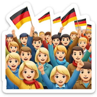 West German protest scene with people holding colorful protest signs, BRD flag, lively mood, 1960s sticker