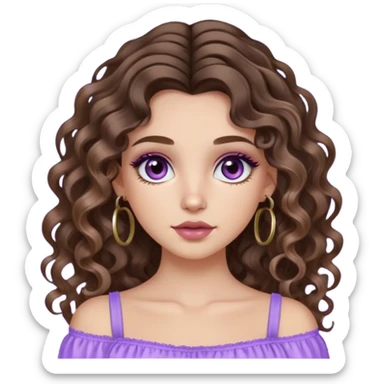 cute girl with not volominous VERY LONG curly/wavy brunette hair with balayage, brown eyes, full lips, cute makeup and hoop earrings white girl with lillactop sticker