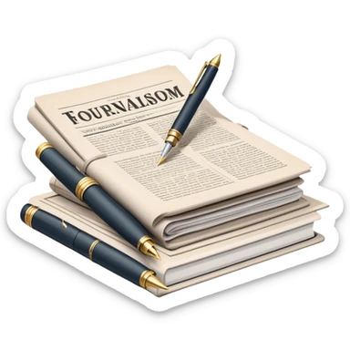 Create an emoji representing journalism and publicistic writing. The design should feature a stack of newspapers, an open notebook, and a single classic fountain pen placed on top of the notebook, symbolizing the act of writing. The scene should convey a sense of professionalism and thoughtful analysis. Use a neutral and professional color palette, with black, white, and muted tones. Do not include any emojis or smiley faces. Make the background transparent. sticker