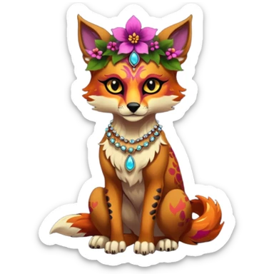 Multicolored gloomy dark spooky hot warm badass realistic floral exotic Falvie-Fionbri-animal, full body, wearing jewelries sticker