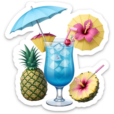 blue tropical cocktail with hibiscus, pineapple, and tiny pastel paper umbrella garnishes sticker