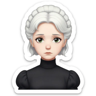 A Victorian woman with simple coiffed white hair and light eyes wearing a simple monochrome black turtleneck mourning dress with puffed sleeves looking down with a forlorn, miserable expression sticker