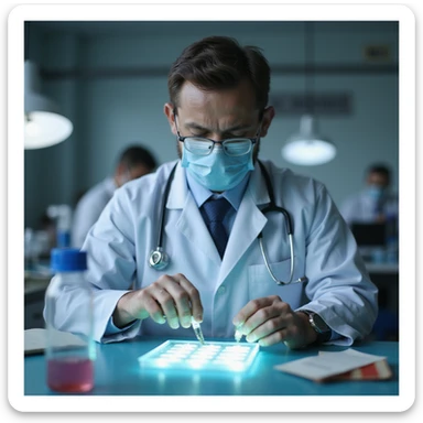 realistic doctor in laboratory preparing slide with fecal sample for parasitological analysis, instruments and containers visible sticker