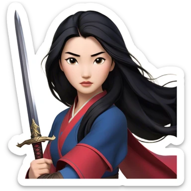 Cinematic Realistic Mulan Portrait, depicted with lifelike skin texture, soft natural lighting, and intricately detailed long black hair styled elegantly. Her deep, expressive eyes exude determination and grace, complemented by a serene yet confident expression. She stands with one hand resting on the hilt of her sword, the other by her side, exuding strength and poise. She is dressed in her classic attire, with rich fabric textures and delicate folds that catch the light beautifully. The portrait features a soft, enchanting glow with a natural, radiant finish, capturing the essence of timeless strength and beauty in a realistic and painterly style, evoking a sense of depth and authenticity. sticker