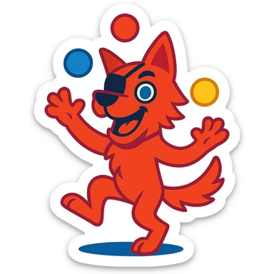 red-furred dog with blue eyes and an eye patch, juggling balls, energetic pose, vibrant cartoon style sticker