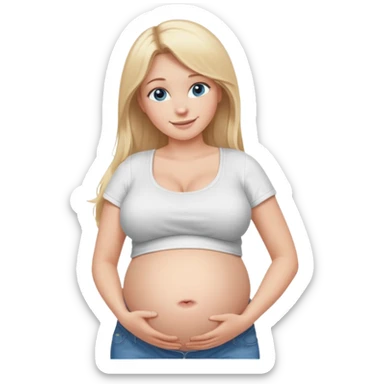 White girl, 18, long blonde hair, blue eyes, white crop top, jeans, huge pregnant belly, big boobs, side view, skinny, bare midriff, smiling sticker
