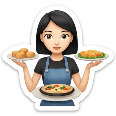 waitress with black hair and a food plate with a black tshirt and ª jeans apron. with a bigger plate and the plate with a tapa sticker