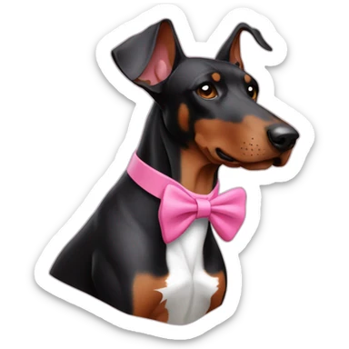 3 doberman one white with pink bow tie on the neck one black one brown sticker
