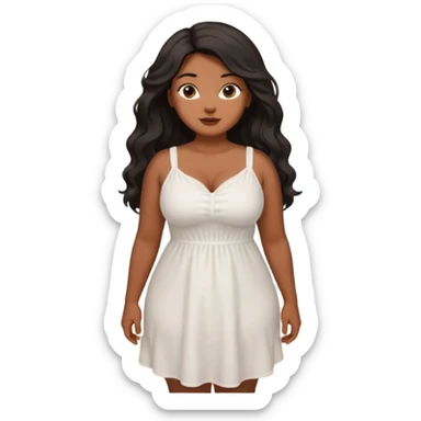 Curvy woman with brown skin with long wavy black hair, brown eyes. She's wearing a white cotton dress standing on a beach sticker