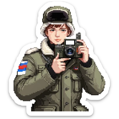 Russian army blogger in an ushanka and vatnik, with a camera or phone sticker