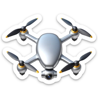 A futuristic drone emoji made of polished silver chrome, smooth rounded body, minimal propellers, reflective metallic surface, soft studio lighting, iOS emoji style, centered, clean white background sticker