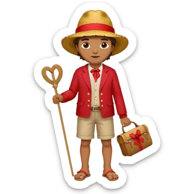 Make a guy with a straw hat and the hat has a red rebin and a red jacket and sandals and a x on he's chest sticker