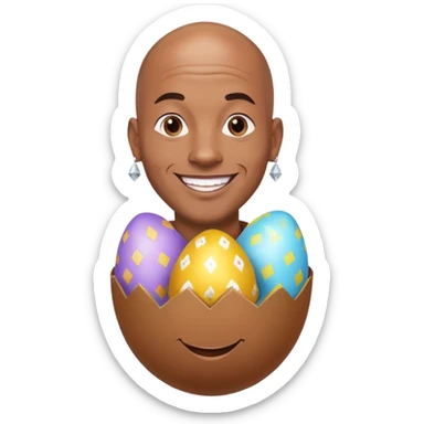 smiling bald African American man with diamond stud earrings popping out of an Easter egg sticker