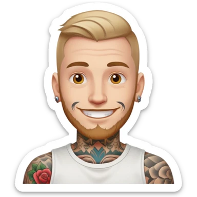 white man with bold face tattoo, happy face, wearing a white t-shirt sticker