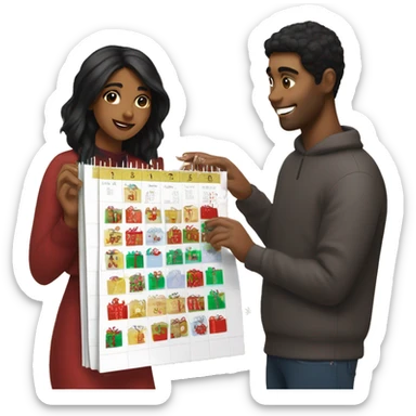 brown girl with black hair giving her boyfriend a advent calendar for christmas sticker