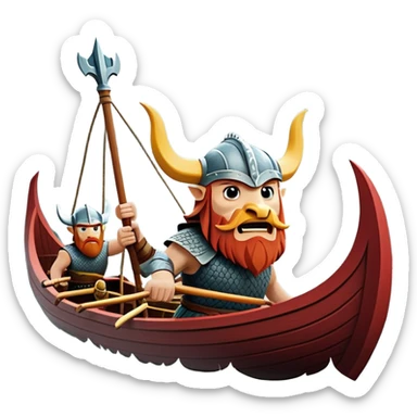 clash-of-clans-aesthetic_-cinematic-viking-longboat, rendered in a flat, bold vector style with minimal shading, featuring a striking dragon-headed prow slicing through waters. shields on the side and vikings rowing The longboat’s, the boat has carved motifs evoke a sense of epic adventure and Nordic might, with billowing sails catching a dramatic, stormy sky backdrop. sticker