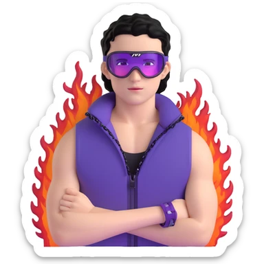 male athlete with white skin and moderately curly black hair on top with shaved sides, wearing ski goggles with purple frames and very dark black lenses, a simple plain black chain necklace, and a completely unzipped sleeveless vest with purple and black sequin fire pattern design with no logo or brand emblem, fully revealing his chest, shoulders and arms, no earrings sticker