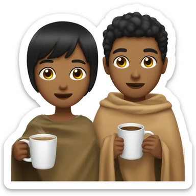 LIGHT BROWN SKIN BOY, with SHORT STRAIGHT BLACK HAIR and a TAN SKIN GIRL, with BLACK HAIR and BANGS, inside the same blanket sipping coffee sticker