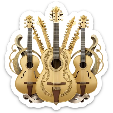 Create a complex, ceremonial, and professional emoji resembling a coat of arms, symbolizing plucked string instruments. The design should feature a combination of elements such as the necks and fretboards of various plucked string instruments like guitars, harps, and mandolins. The strings should be clearly visible, and the frets should be detailed. Intertwining with the instruments, there should be a flowing ribbon of musical notes, curving elegantly around the instruments and connecting them. The colors should include golden metallic tones, warm wood finishes, and silver accents to emphasize the professional and festive nature of the design. The background should be regal, using subtle textures or patterns to give a sense of grandeur, while keeping the instruments and notes as the focal point. The design should evoke a sense of celebration and sophistication, reflecting the rich tradition of plucked string instruments. sticker