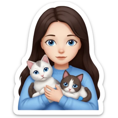 a girl with long dark 
brown hair, with blue eyes, in a
white sweater, hugs 3 different natural coloured cats sticker
