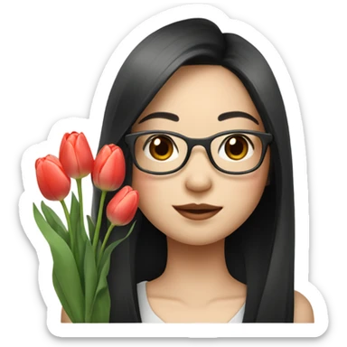 asian pale skin girl with long black shaking hair and bangs and glasses holding tulips sticker