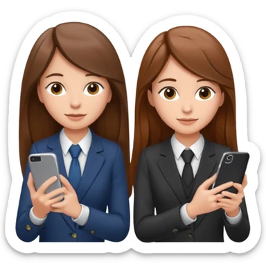 two brown haired girls, looking professional maybe leaned on each others back and looking forward and using phones, with long hair and one girl can hold lap top another one can hold the phone, professional clothes sticker