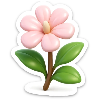 Create a 3D iOS-style cartoon soapwort (Saponaria) flower with exaggerated cute pale pink petals and big green leaves. The flower should have playful proportions, soft lighting, and a glossy effect. No background, and do not include a face or smile. Style should be in the GPT Image style as requested. sticker