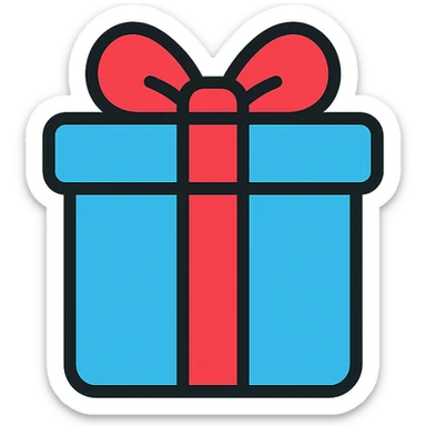 Add color to the gift icon using a bright, cheerful palette with a red ribbon and a blue box, keeping the icon style clean and minimal. sticker