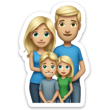 Family of 3. Dad with dirty blonde hair and blue eyes, mom with short blonde hair and green eyes, 4 year old girl with long blonde hair and blue eyes.  sticker