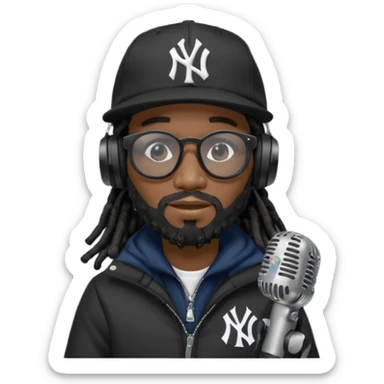 African American man with shoulder length black dreadlocks with black beard wearing black sunglasses wearing a New York Yankees logo baseball cap wearing a all dark black bubble winter coat wearing headphones rapping into recording studio microphone with a mic cover sticker