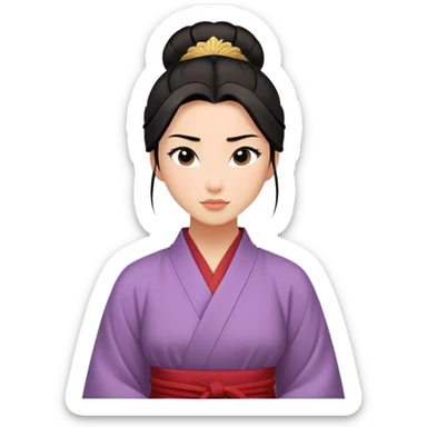 Cinematic Serene Mulan Portrait Emoji, rendered in a simplified vector style. Depict a gentle Mulan (chest and above) with warm, radiant skin, sleek dark hair pulled back in a neat bun, and a calm, thoughtful expression, wearing a simple traditional robe in muted hues. The design glows softly with an elegant, inviting light. sticker