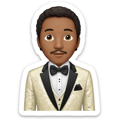 Smokey Robinson with long dark brown hair and short mustache, ivory sequin suit with bow tie  sticker