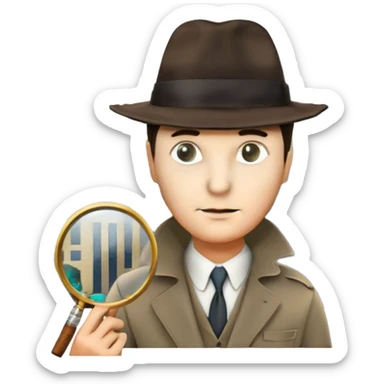 A colorful collage featuring iconic detective elements—magnifying glass, a fedora hat, a cigarette, a shadowy figure, and a mysterious city backdrop, a board with photos of suspects. Include subtle clues like fingerprints or a crime scene. Retro movie poster style. Transparent background. sticker