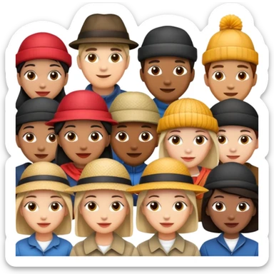 diverse group of people, each with a unique hat sticker