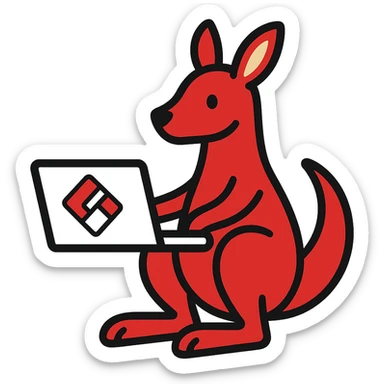 stylized kangaroo with a laptop, modern and techy, red and white YouTube color scheme, Microsoft Power Pages theme icon sticker
