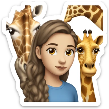 10 year old white girl with brown eyes, brown hair, big lips, blue shirt, blue and black pants, whit shoes, with a giraffe next to her  sticker