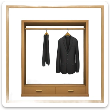 Design an emoji-style icon of an open wardrobe with clothes hanging inside. Include details like a wooden frame, hangers, and black clothing items such as shirts or any other clothing . Use a clean and minimalistic design. sticker