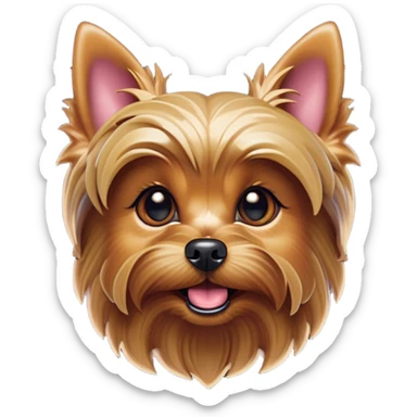 Cinematic Comical Yorkshire Terrier Portrait Emoji, Head tilted dramatically with an exaggeratedly surprised, comical expression and wide, expressive eyes, featuring a perky, well-groomed fur in rich hues, simplified yet hilariously detailed, glowing with a bold, sassy radiance, high shine, exuding playful mischief and cheeky terrier attitude, styled with a soft glowing outline, capturing the essence of a Yorkshire Terrier that appears ready to comically dash out of the frame! sticker