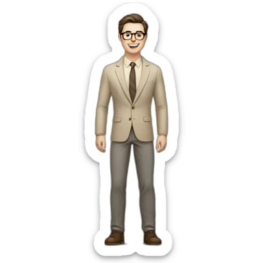 Joyful Full height Pale skinned Fit Man With dark brown hair in gray jacket, beige office shirt, Brown pants and vintage glasses. His thrumbs up sticker
