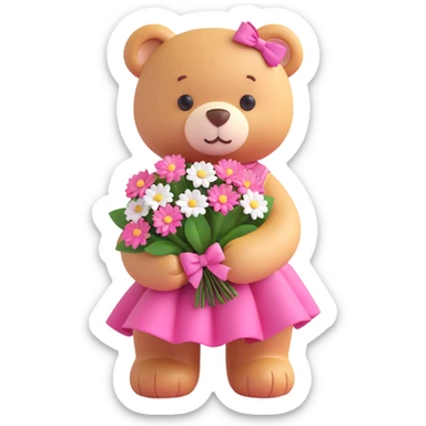 A cute teddy bear with a pink bow on its head, holding a bouquet of white flowers, in a 3D iOS Disney style, with a soft pink background and hearts floating around, wearing a pink dress. sticker