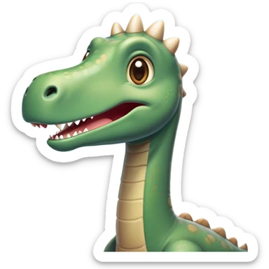 Cinematic Cute Brontosaurus Portrait Emoji, Head tilted playfully with a gentle smile, featuring a charming, massive form with an elongated neck and a small, endearing head adorned with bright, curious eyes, Simplified yet irresistibly adorable features, highly detailed, glowing with a warm, inviting prehistoric glow, high shine, affectionate and lively, stylized with a touch of whimsical ancient charm, soft glowing outline, capturing the essence of a playful Brontosaurus that seems as if it could amble out of the screen into your arms! sticker