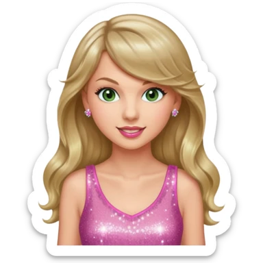 Green eyed smiling Taylor swift with long hair wearing a sparkly pink minidress at the eras tour sticker