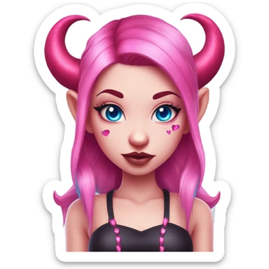 A succubus devil girl with pink skin round shaped horns with blue eyes and pupils shaped into red hearts her hair tied up in two ponytails, hot pink colour with blue hair, strings crystal in her forehead, blue coloured and pink freckles sticker