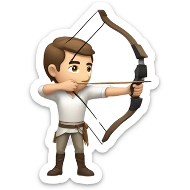 a male archer aiming with a bow facing  his target, eyes closed, wearing a white shirt, very short brown hair, bright skin sticker