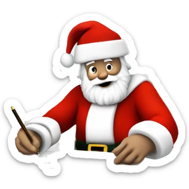 White Father Christmas is sitting on a desk, writing something down on a sheet of paper, solving complicated math puzzles  sticker