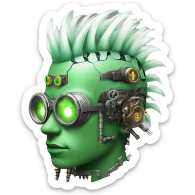 Green Mohawk hair male cyborg head with white steampunk goggles and circuits sticker